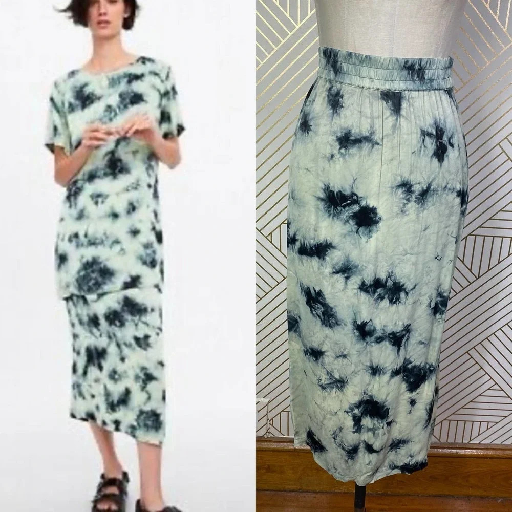 Zara The Batik Tie‎ Dye Midi Slip Skirt in Green Blue Size US XS